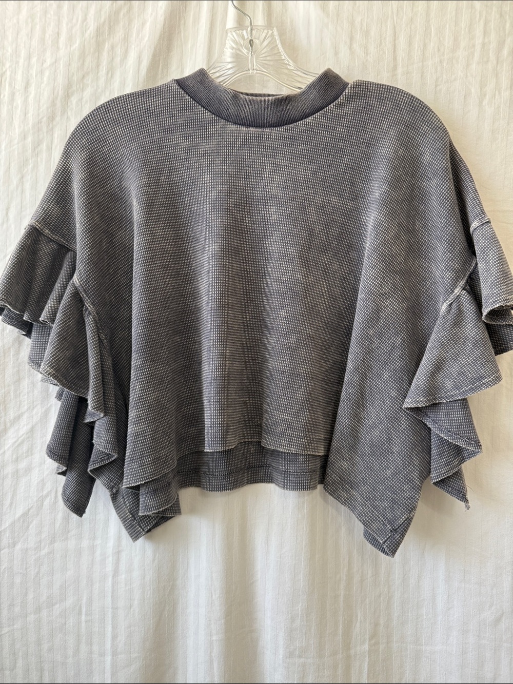 Altar'd State Gray Ruffle-Sleeve waffle Cropped Top